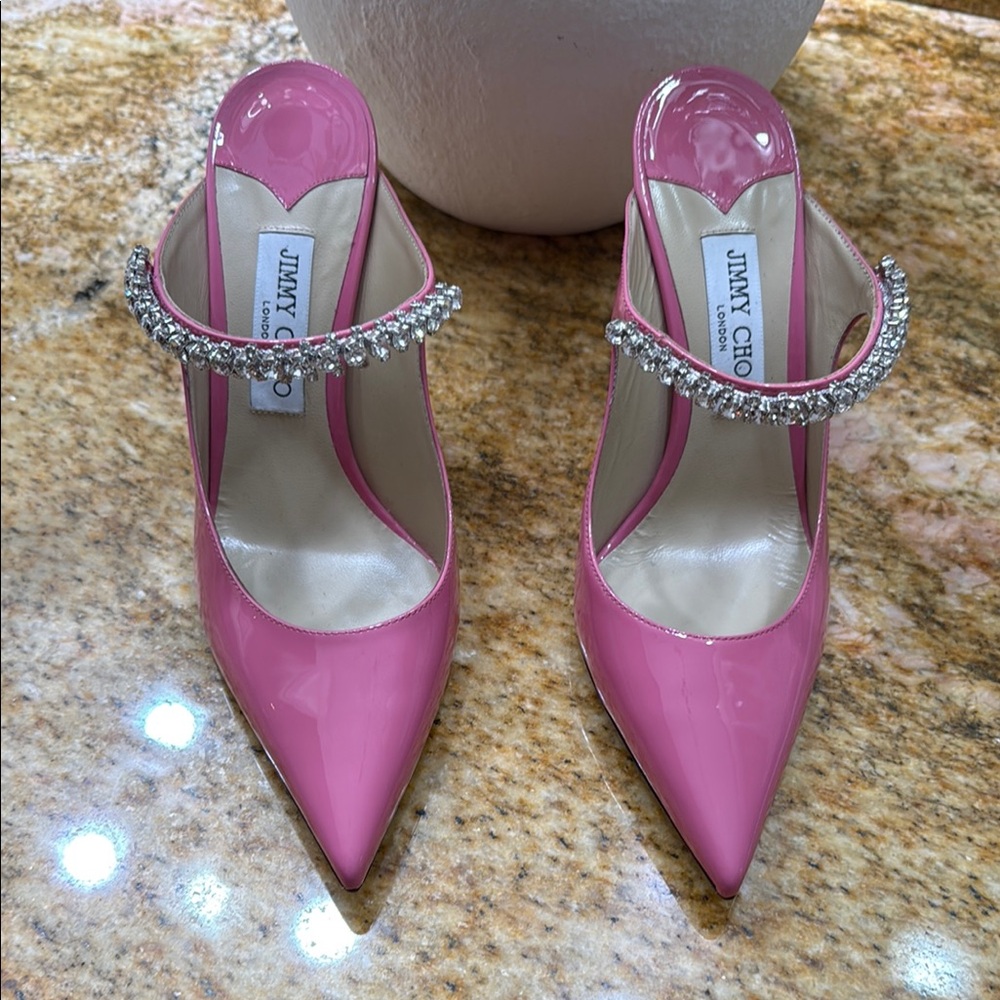 JIMMY CHOO- Pink  Patent leather mules with crystal strap -Size 40